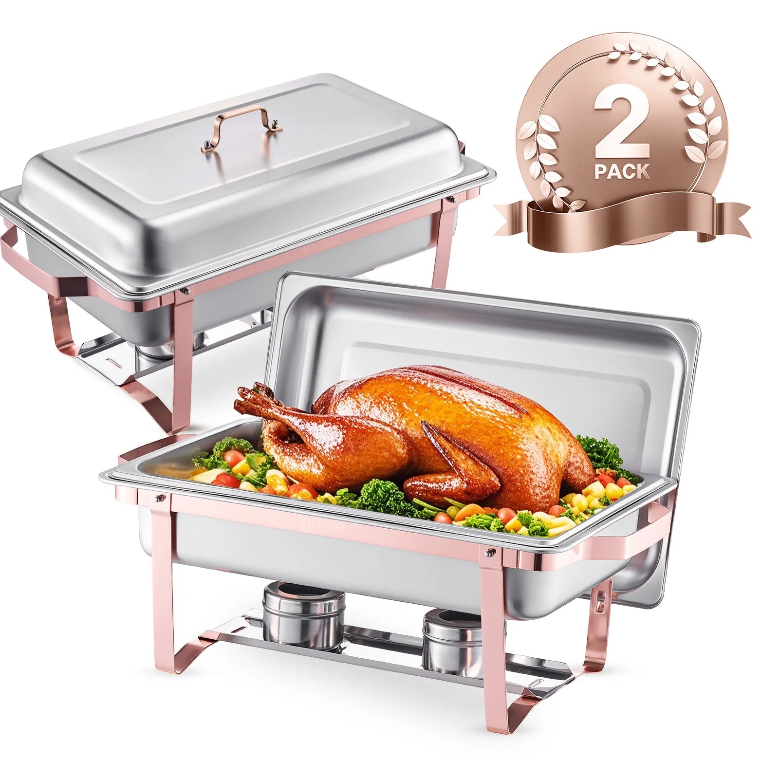 VEVOR 8QT Rectangle Chafing Dish 2/4/6 Packs w/ Full Size Pans Buffet Catering Warmer Server Folding Stand Fuel Holder Tray