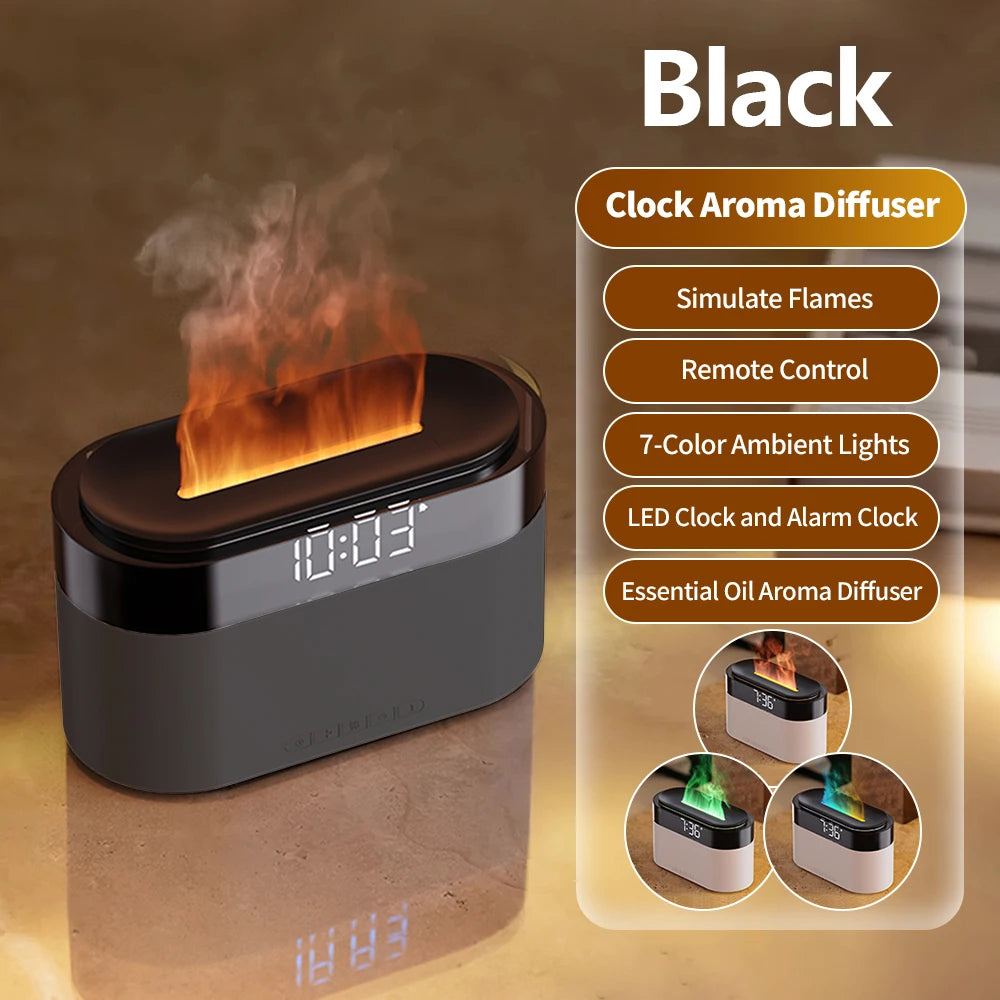 LED Clock Ultrasonic Air Humidifier with Colorful Flame Night Light an
