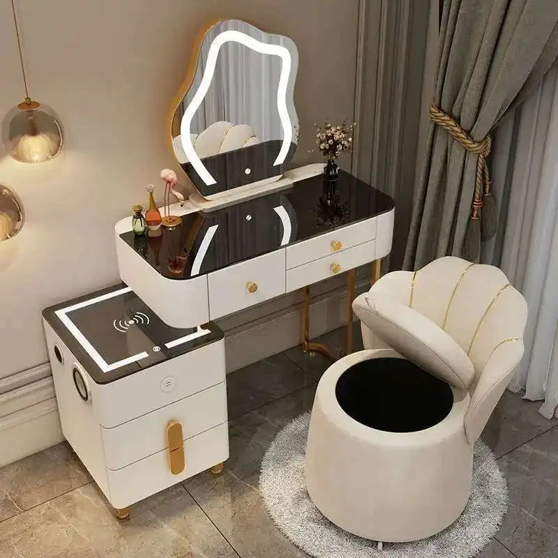 Luxury Glass Dressing Table with Smart Wireless Charging Bedroom Vanity Nightstand Makeup Table Drawers with Led Mirror Dresser