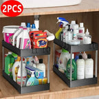 Home Household Bathroom Kitchen Under Sink Organizer 2 Tier Sliding Basket with Hooks Hanging Cup Storage Rack