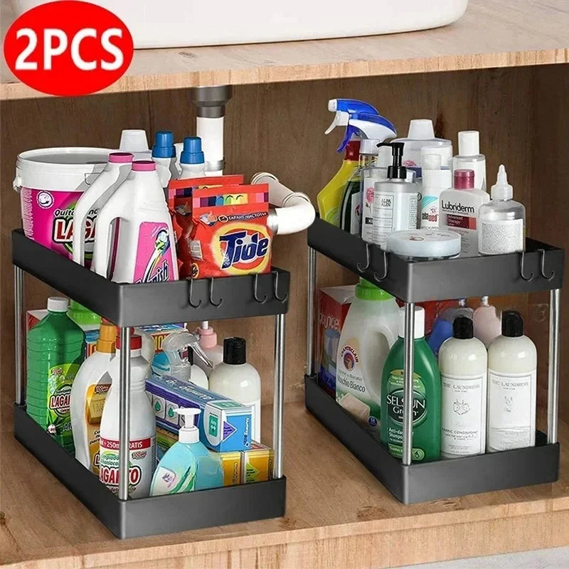 Home Household Bathroom Kitchen Under Sink Organizer 2 Tier Sliding Basket with Hooks Hanging Cup Storage Rack