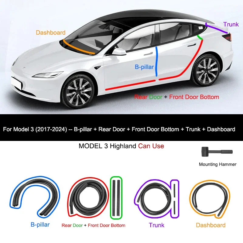 For Tesla Model Y 2021-2024 Door Seal Strip Kit Soundproof Rubber Weatherstrip for Model 3 B-Pillar Sealing Set Noise Reduction