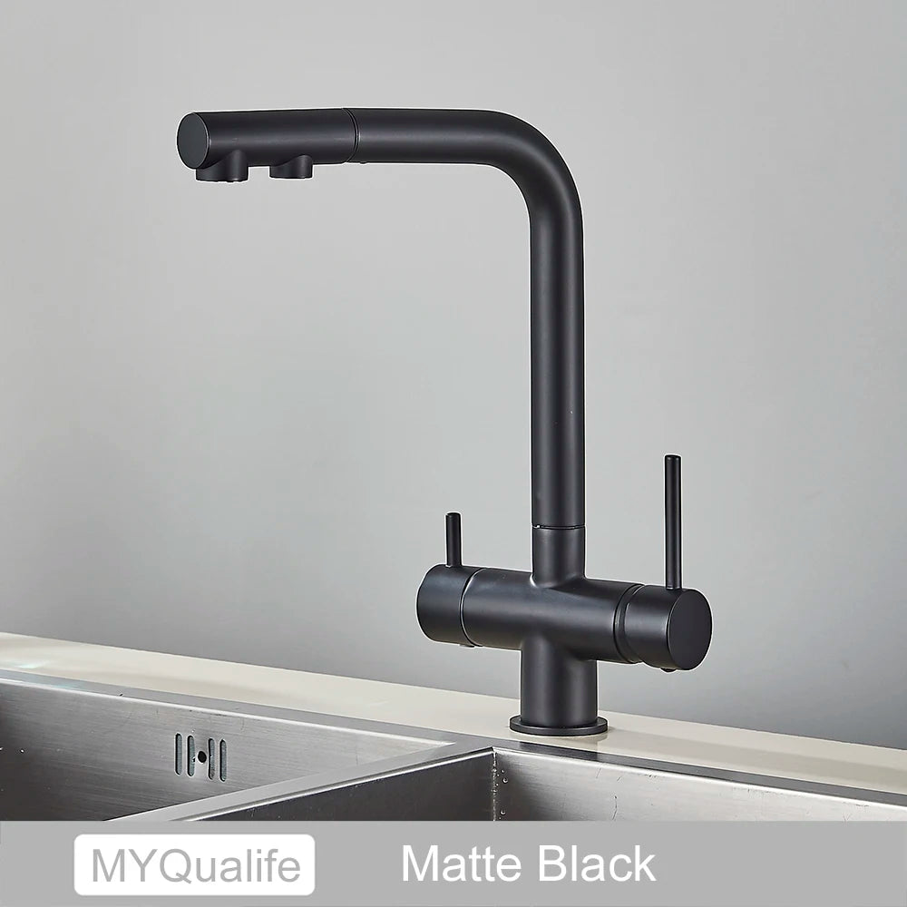 Chrome Brass Pull Out Filtered Kitchen Faucet Dual Handle Hot Cold Drinking Water 3-Way Filter Purification Mixer Taps