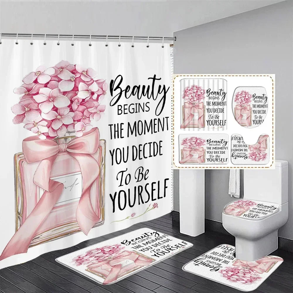 Fashion Perfume Shower Curtain Set Pink Rose Flower Modern Woman Girl Home Bathroom Decor Non Slip Rug Bath Mat Toilet Lid Cover