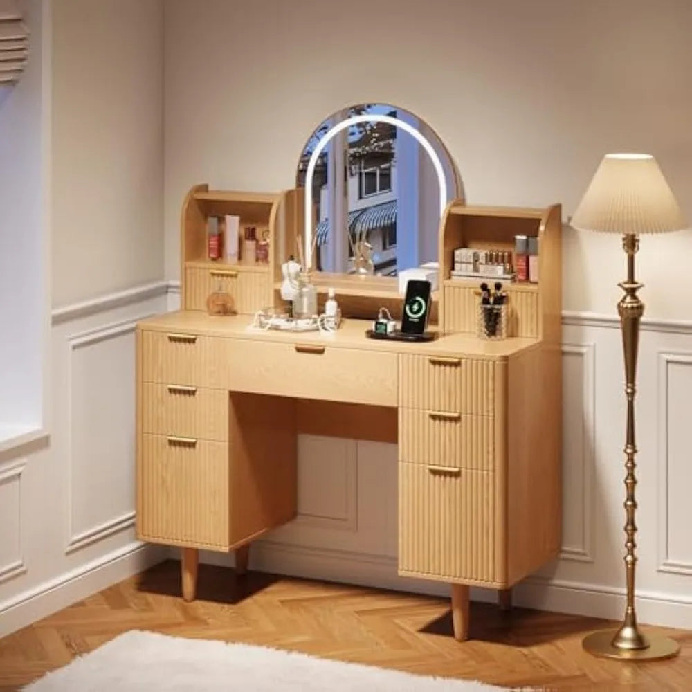 Make up Vanity Desk with Mirror and Lights, Vanity Desk with 7 Drawers and Storage, Modern Dressers for Bedroom, Wood Color Arc