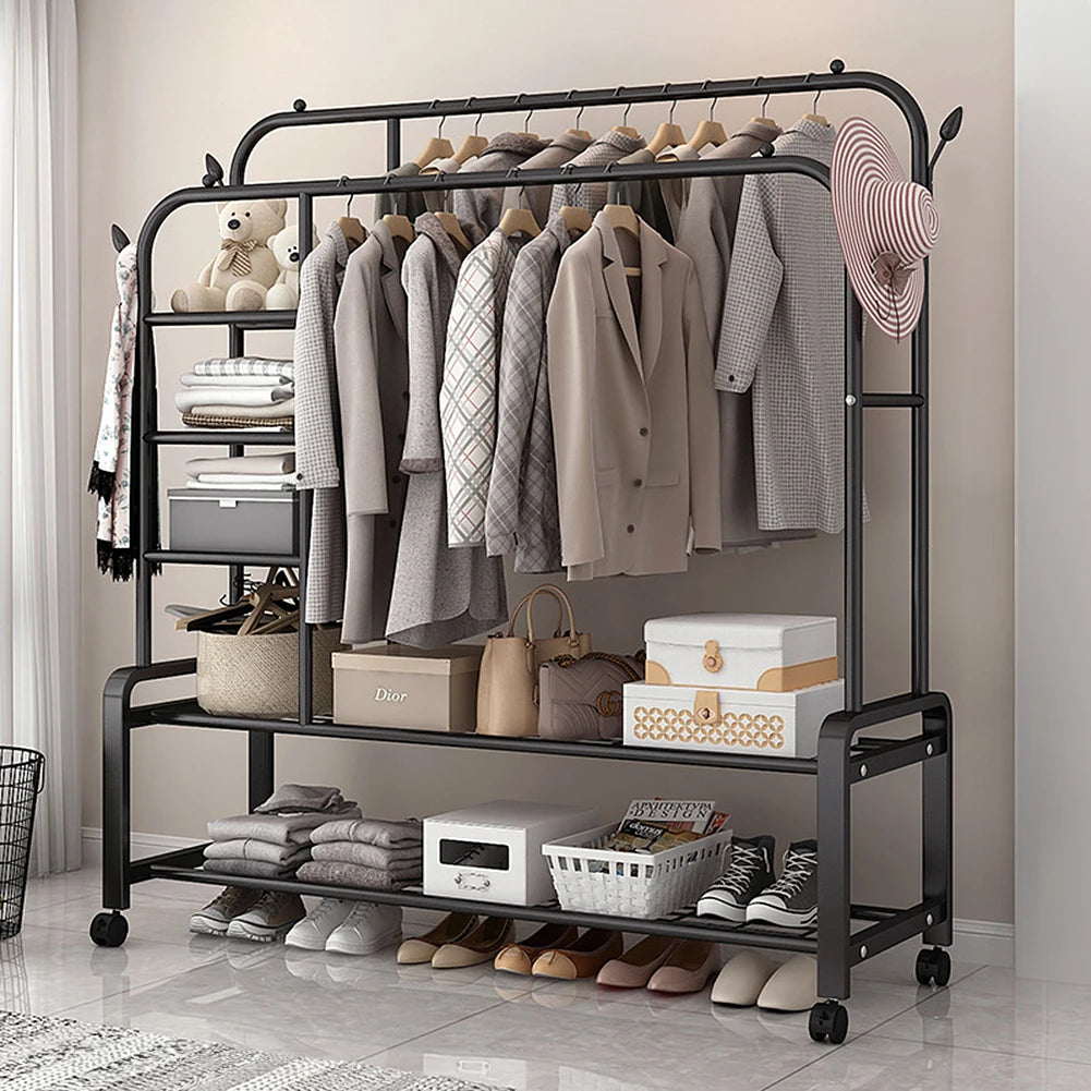 【Breeins】Double-Rod Clothes Rack with Wheels Storage Organizer Clothes Shelf Tidy Home Decoration