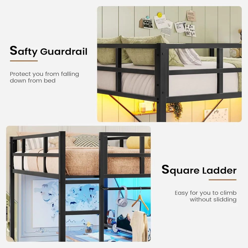 Twin Loft Bed with LED Lights, Metal Loft Bed Twin Size with Full-Length Guardrail Clothes Rack, Heavy Duty Metal Loft Bed Frame