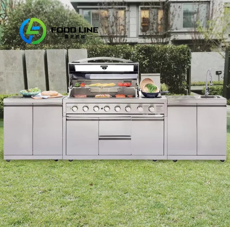customize Modern Modular Outdoor Kitchen Stainless Steel BBQ Island Sink Refrigerator Gas Burners Patio Cooking