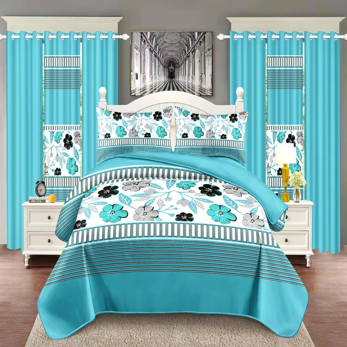 Royberry 9 Piece Thick Bedspread Set, Blue and White Flower, Inner Filling, Warmth, 3 Piece (1 * Bedspread, 2 * Pillowcase) 6 Piece Curtain Set (2 * Printed Curtain, 4 * Solid Curtain) Bedroom, Guest Room, Rv, Holiday Gift, 8