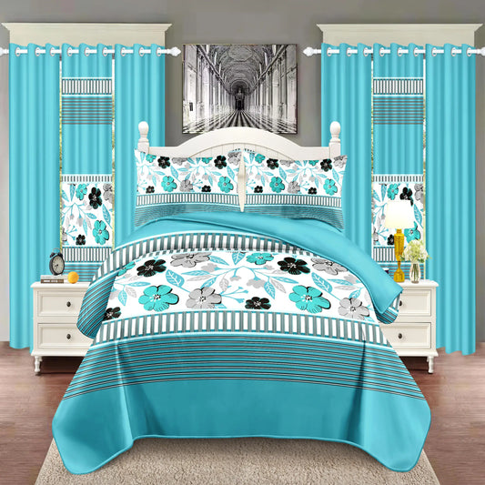 Royberry 9 Piece Thick Bedspread Set, Blue and White Flower, Inner Filling, Warmth, 3 Piece (1 * Bedspread, 2 * Pillowcase) 6 Piece Curtain Set (2 * Printed Curtain, 4 * Solid Curtain) Bedroom, Guest Room, Rv, Holiday Gift, 8
