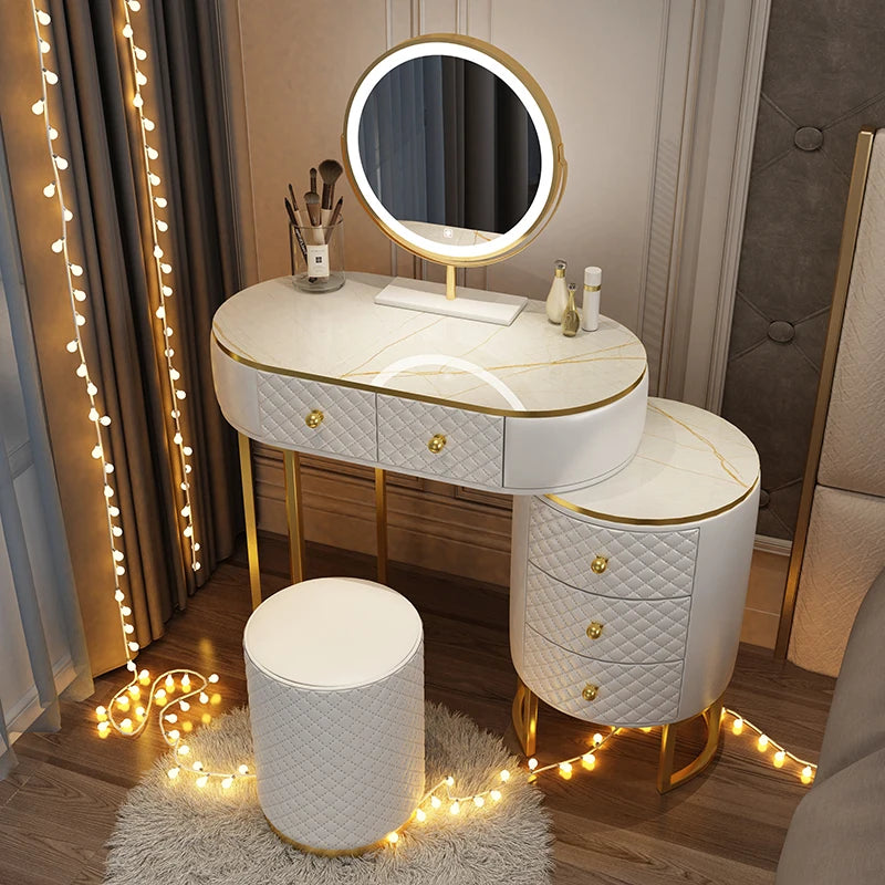 Nordic vanity chair white bedroom LED light Dresser storage cabinet makeup Dressing table light mirror stool bedroom furniture