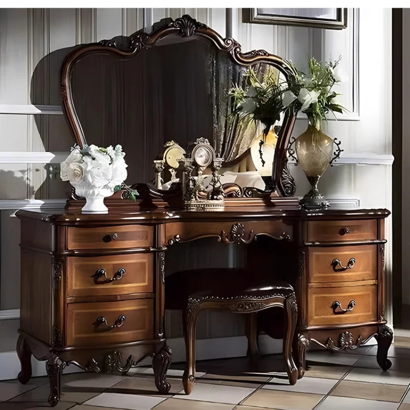 Nordic Hollywood Chair Vanity Wood Storage Mirror Organizer Luxury Dressers Bedroom Makeup Seating Penteadeira Furniture Home