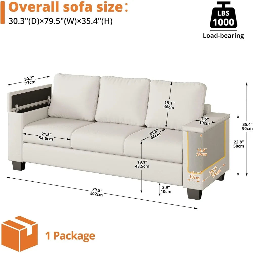 Living Room Couch with Storage, Wide Armrests, 80 Chenille Fabric, 3 Seater Sofa, Deep Seating, Skin-Friendly, Easy Assembly