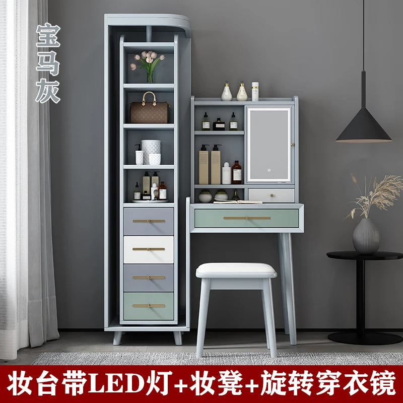 Solid wood dresser, full-length mirror integrated bedroom, simple modern full-body mirror, dresser, storage cabinet, makeup tabl