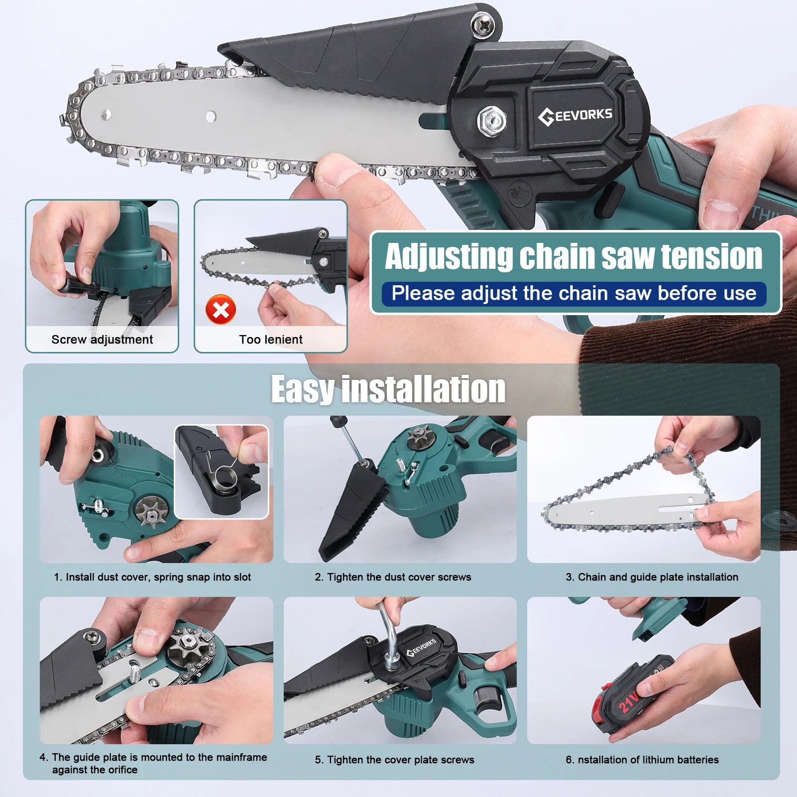 Geevorks 6 Inch Chain Saw Cordless Handheld Pruning Chainsaw Woodworking Electric Saw Cutting Power Tools