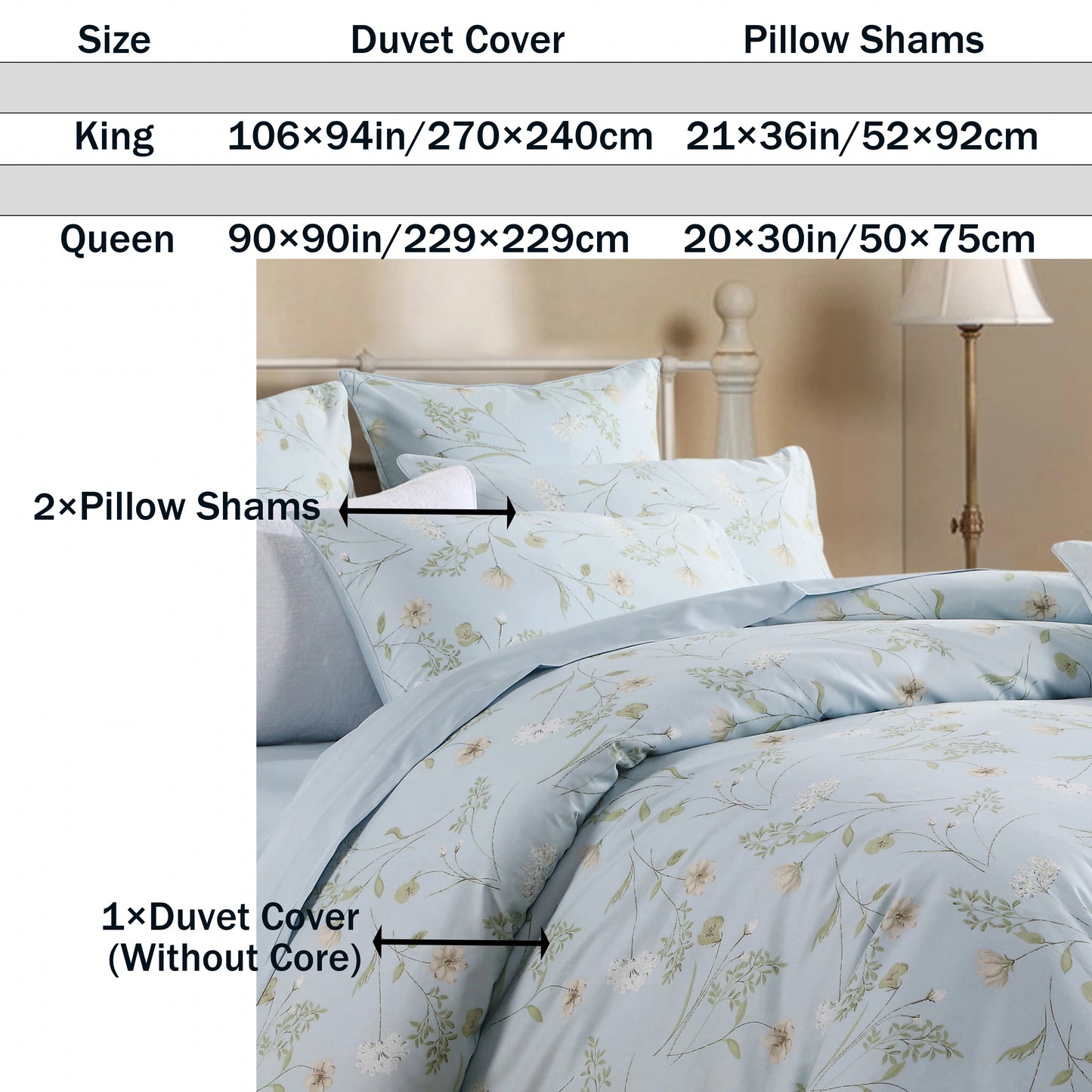 3pcs 600TC 100% Egyptian Cotton Duvet Cover Set, Light Blue Shabby Chic Floral, Soft Skin-Friendly (No Inserts)