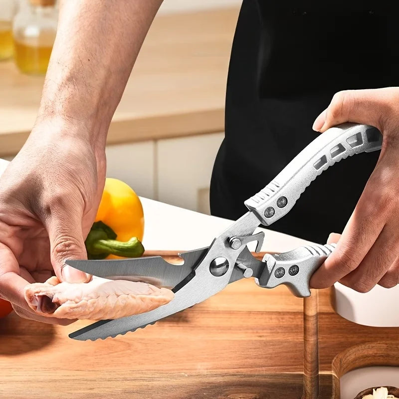 Multi-functional stainless steel kitchen scissors | Ergonomic handle, ambidextrous design, suitable for poultry, fish, and meat