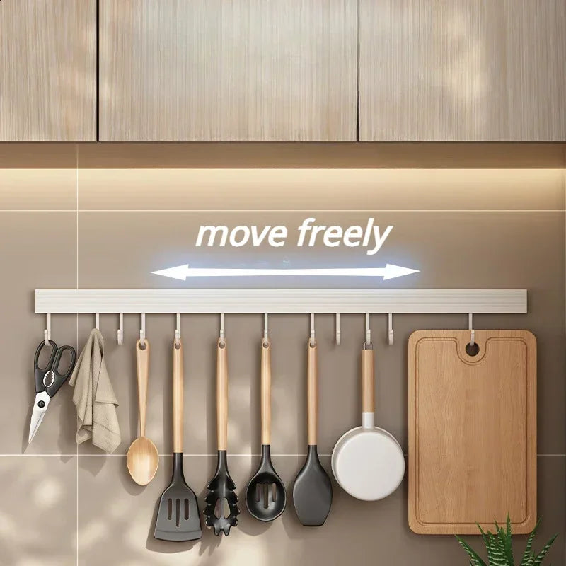 Kitchen Wall Mounted Storage Rack No Punch Organizer Shelf With Movable Hook Spoon Holder Kitchen Utensil Storage Accessories