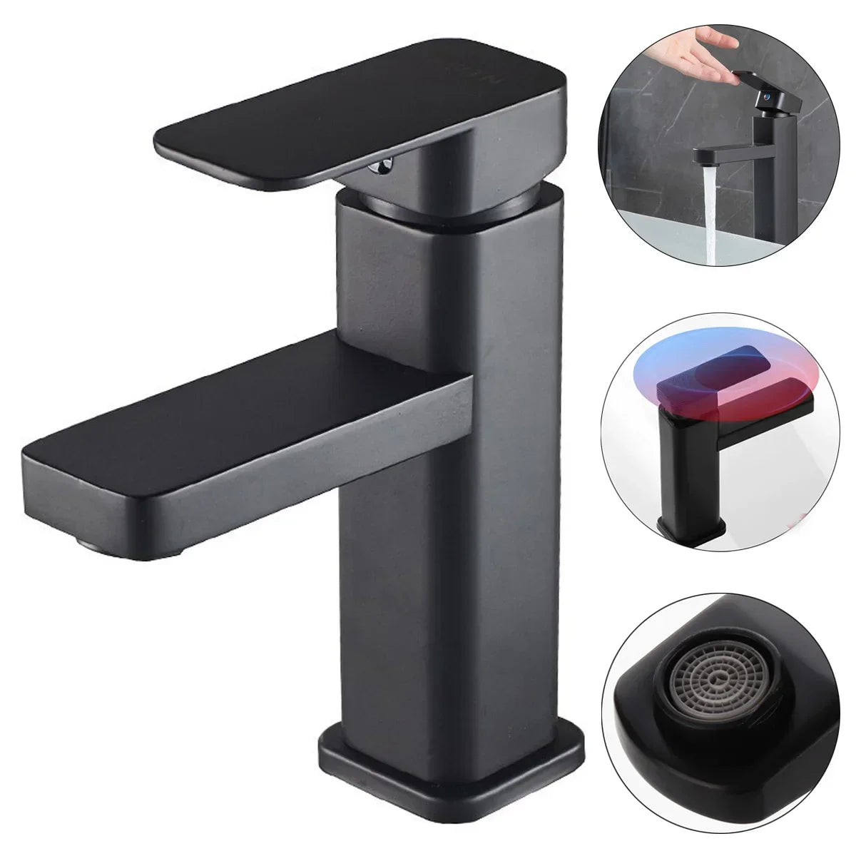 Bathroom Faucet Hot&Cold Mixer Tap Deck Mounted Bathroom Basin Faucets Black Square Washbasin Sink Bathtub Faucet