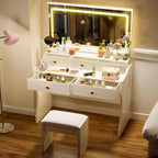 Makeup Vanity Desk with Mirror and Lights, Vanity Table and Chair Set with 5 Drawers and Charging Station, Bedroom Dresser LED