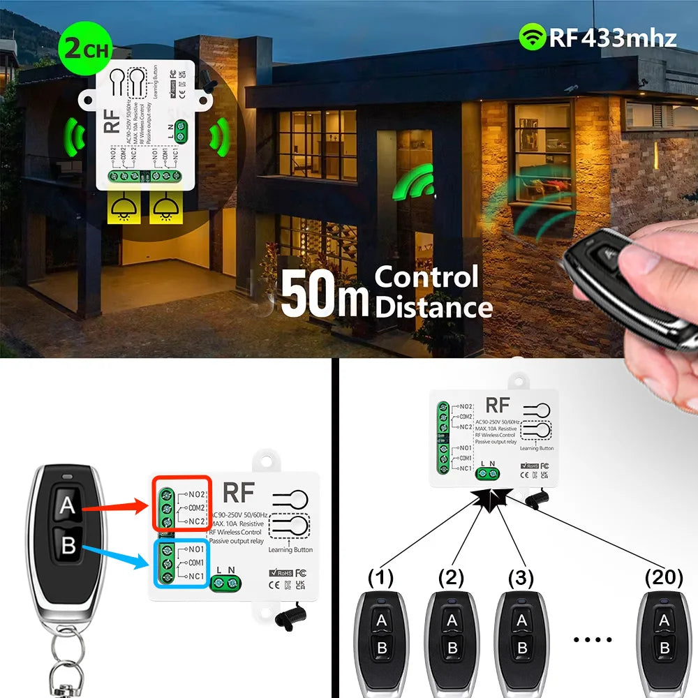 Rf 433Mhz Wireless Remote Control Switch AC110V 220V 230V 10A 2300W 2CH Relay Receiver Remote Control for Lights garage door