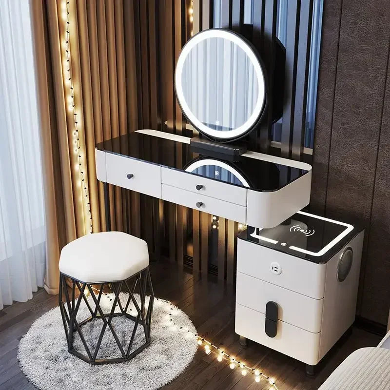 Modern Dressing Table with Smart Wireless Charging Luxury Bedroom Multifunctional Makeup Table with Chair Sound Cloud Led Mirror