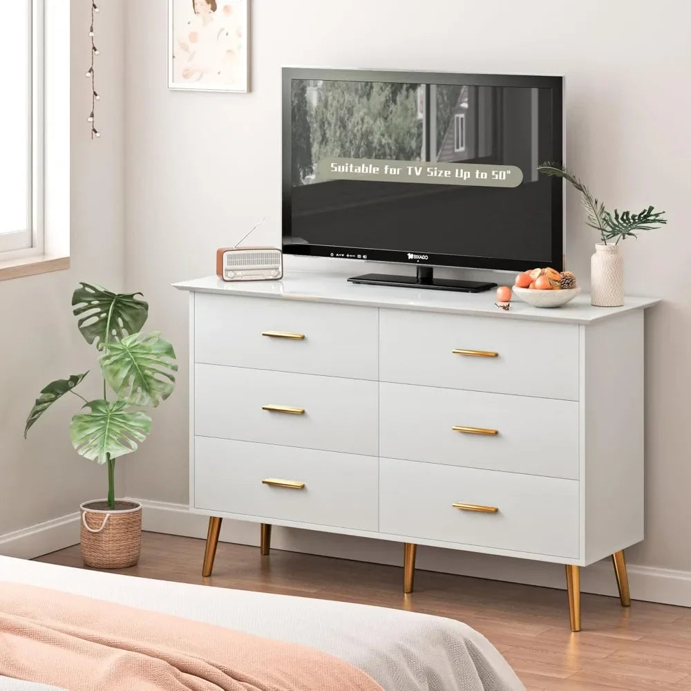 White Dresser for Bedroom with 6 Drawers, Dresser, Wood Dressers Chest of Drawers with Gold Handles, Modern LED Bedroom Dresser
