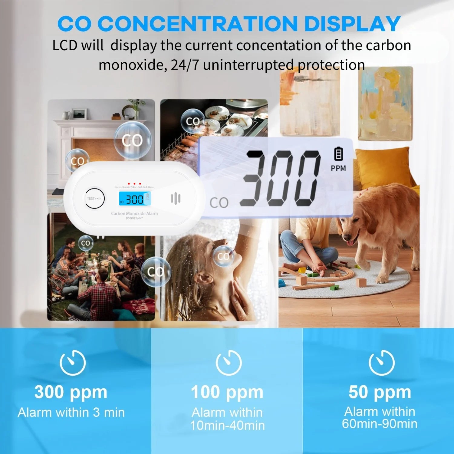 V-COME Wi-Fi Smart CO Detector with Tuya APP Control, WiFi Carbon Monoxide Alarm with long-life Li-Battery, EN50291/CE