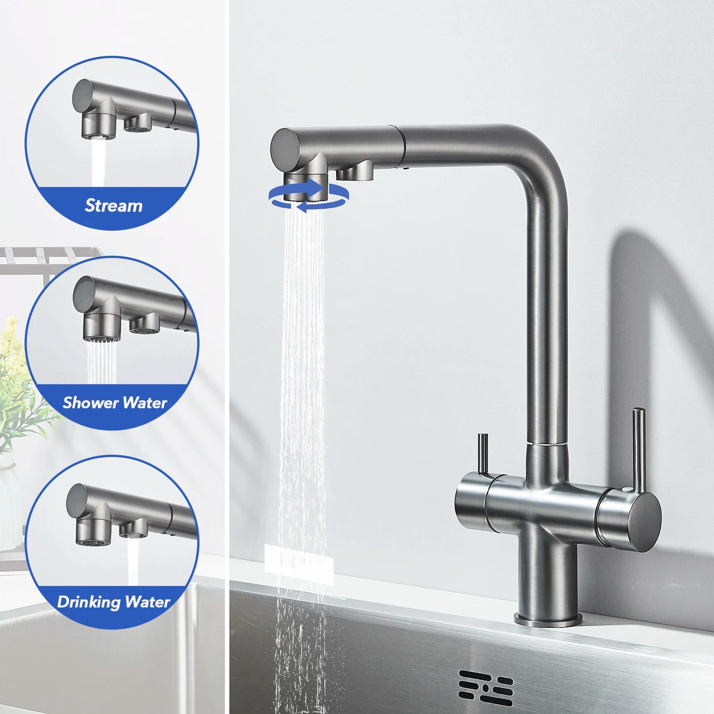Matte Black Pulling Filter Kitchen Faucet Hot & Cold Water Mixer Dual Mode Filtration Purification Kitchen Sinks 360 Rotation