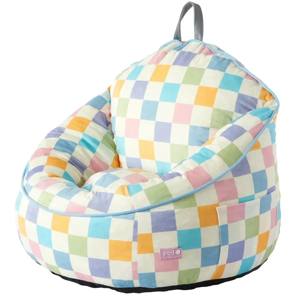 Compressed Foam Bean Bag Chair for Kids, Rainbow Checkerboard