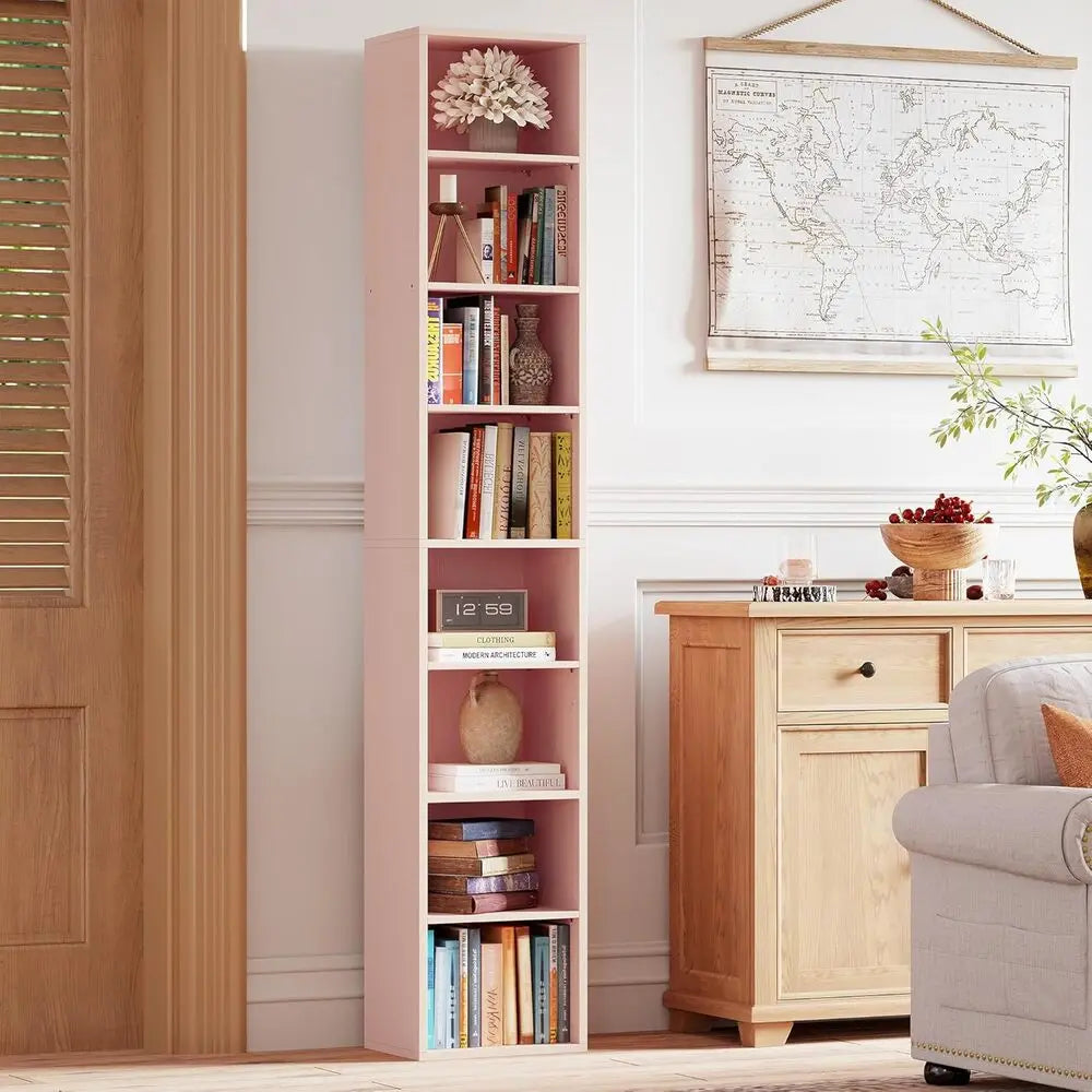 IRONCK Tall Narrow Bookshelf 8 Tiers, Compact Corner Bookcase, Easy to Match for Living Room, Office, Study, Bedroom, Pink