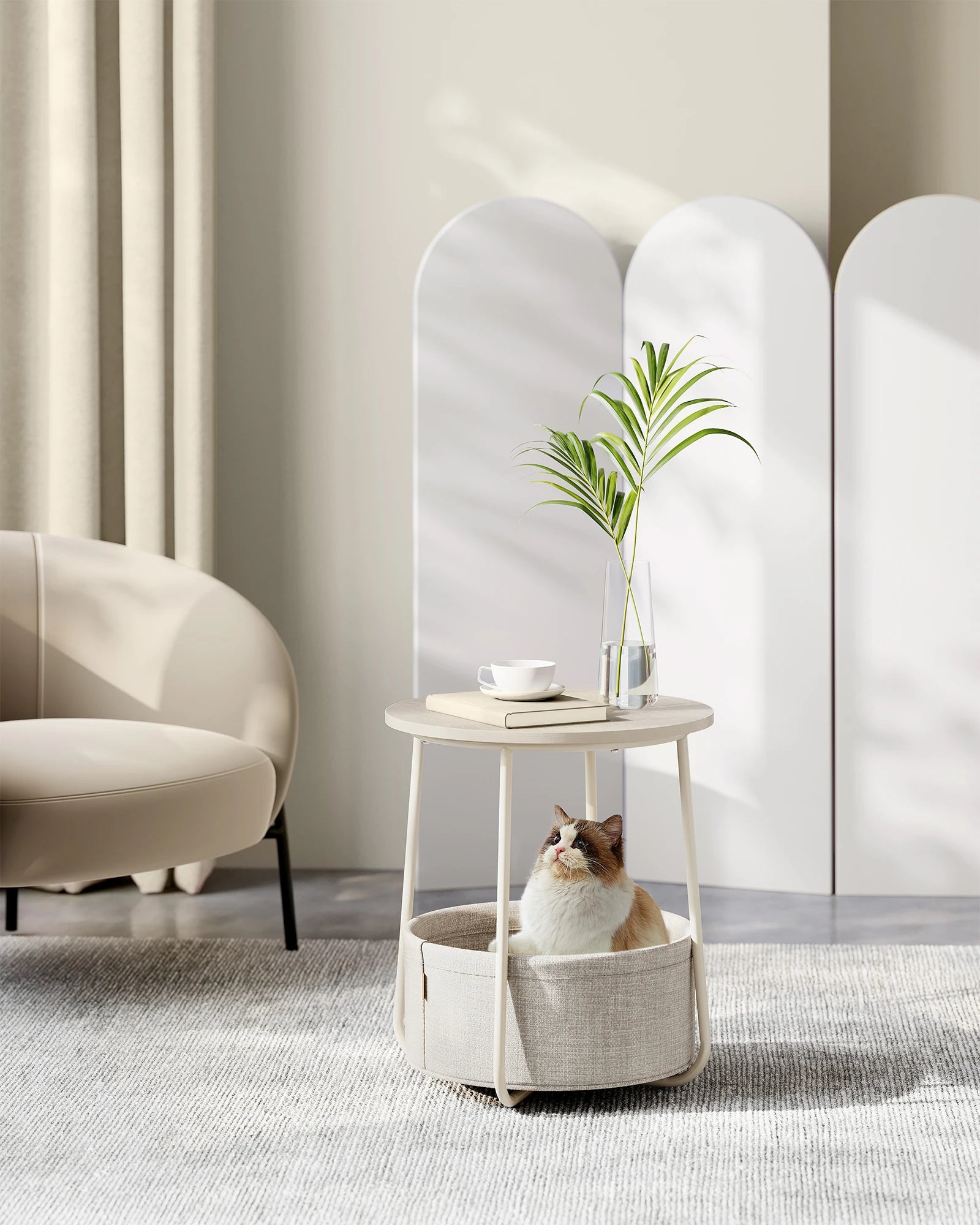 VASAGLE side table round small table coffee table small living room table with fabric basket living room storage space