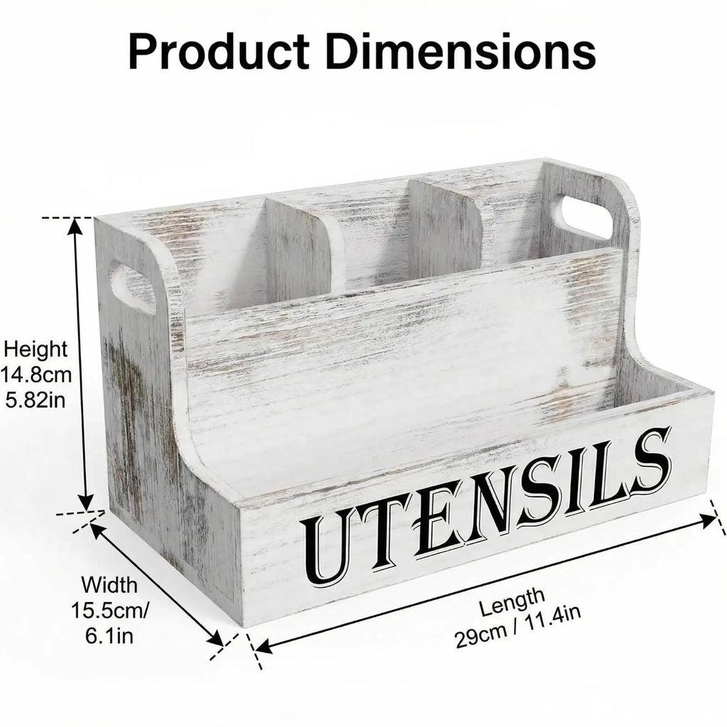 Wooden Kitchen Utensil Rack - With 4 Compartments Kitchen Utensil Organizer, Rustic Farmhouse Countertop Cookware Storage Box