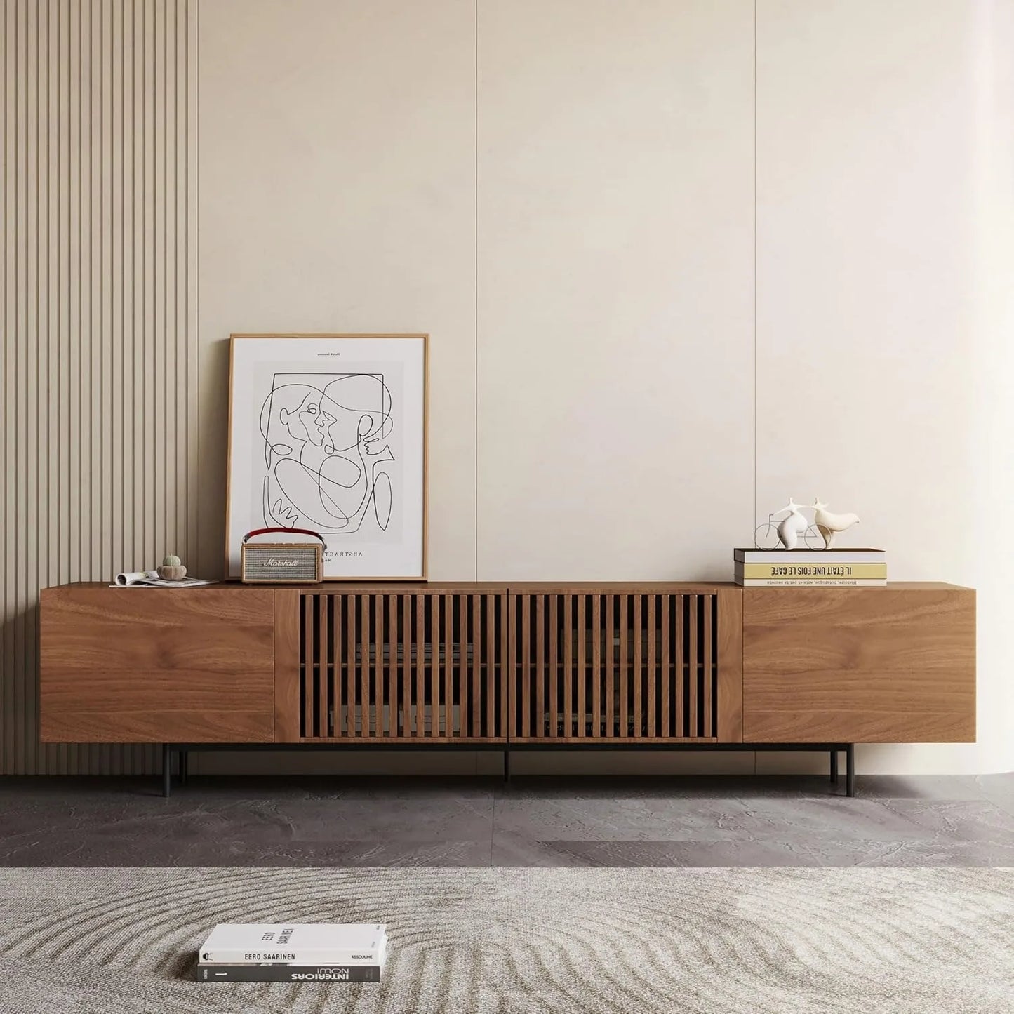 Mid Century Modern TV Stand for 80+ Inch TVs, 94.48" Walnut Console with Ample Storage – Stylish Entertainment Center for Living