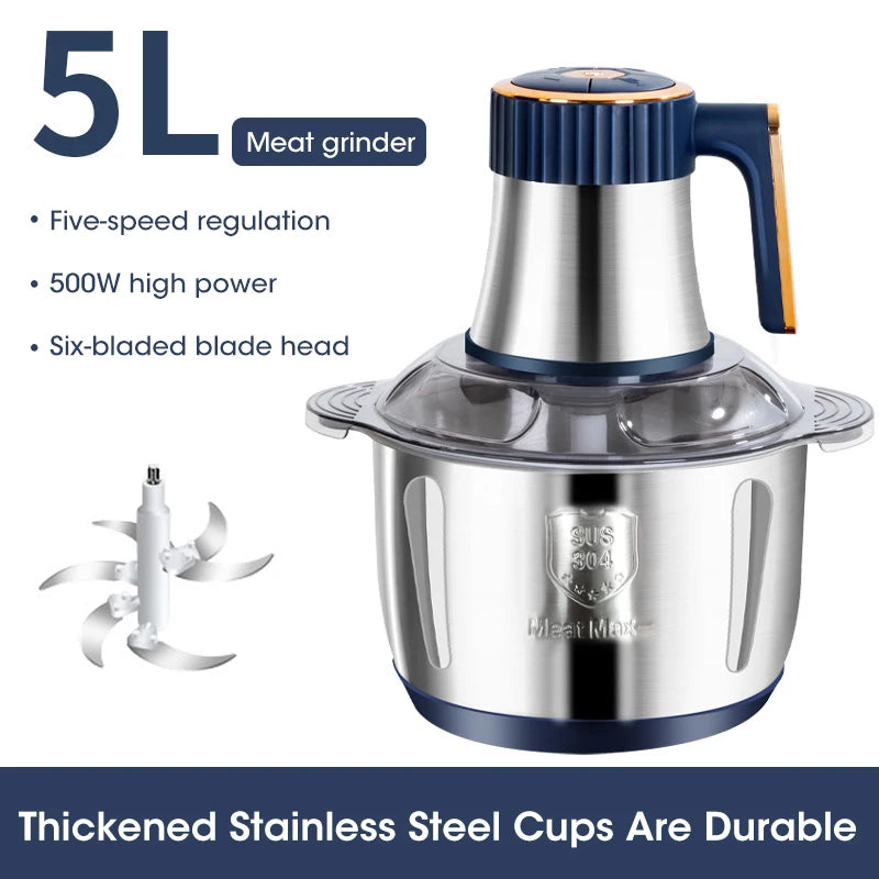 5L Electric Meat Grinder Large Capacity Stainless Steel Flour Mixer Multifunctional Kitchen Vegetable Meat Slicing Grinder Mixer