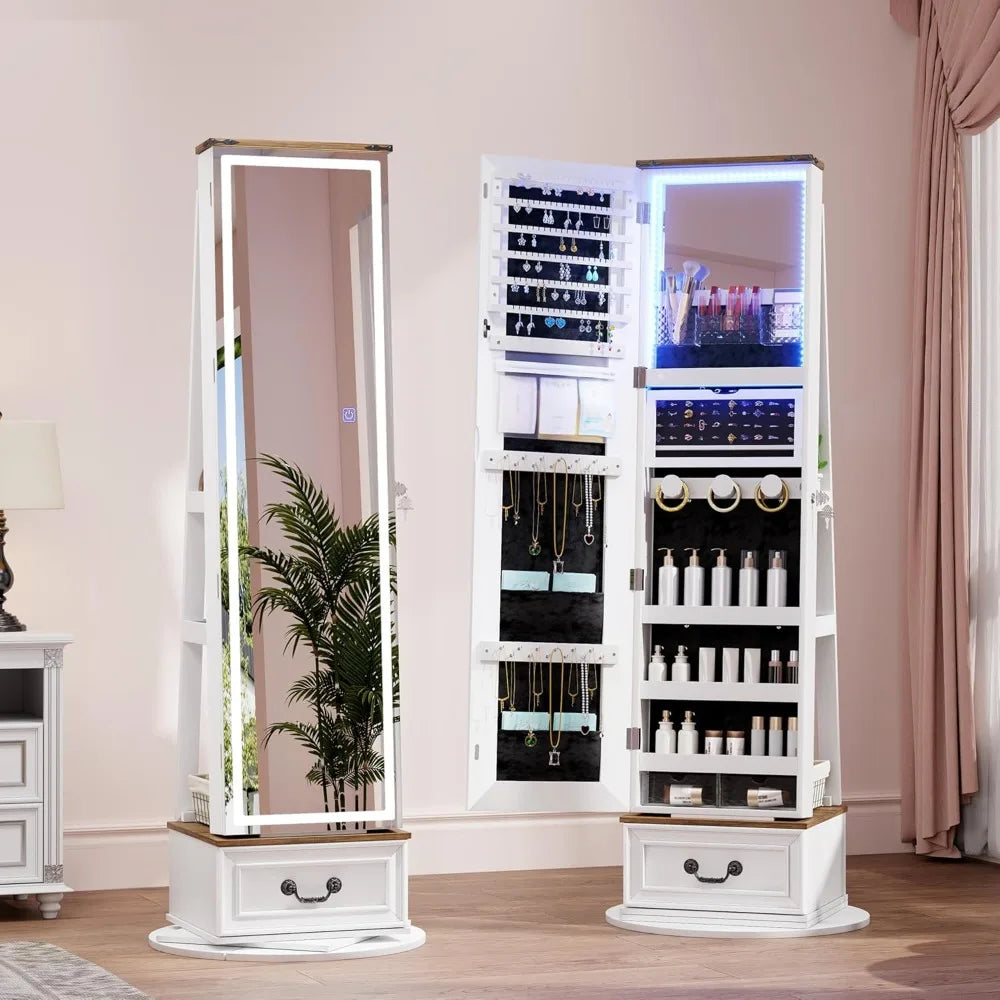 LED Mirror Jewelry Cabinet Standing - 360°Swivel Jewelry Armoire with Full Length Mirror, Mirror with Jewelry Storage and Large