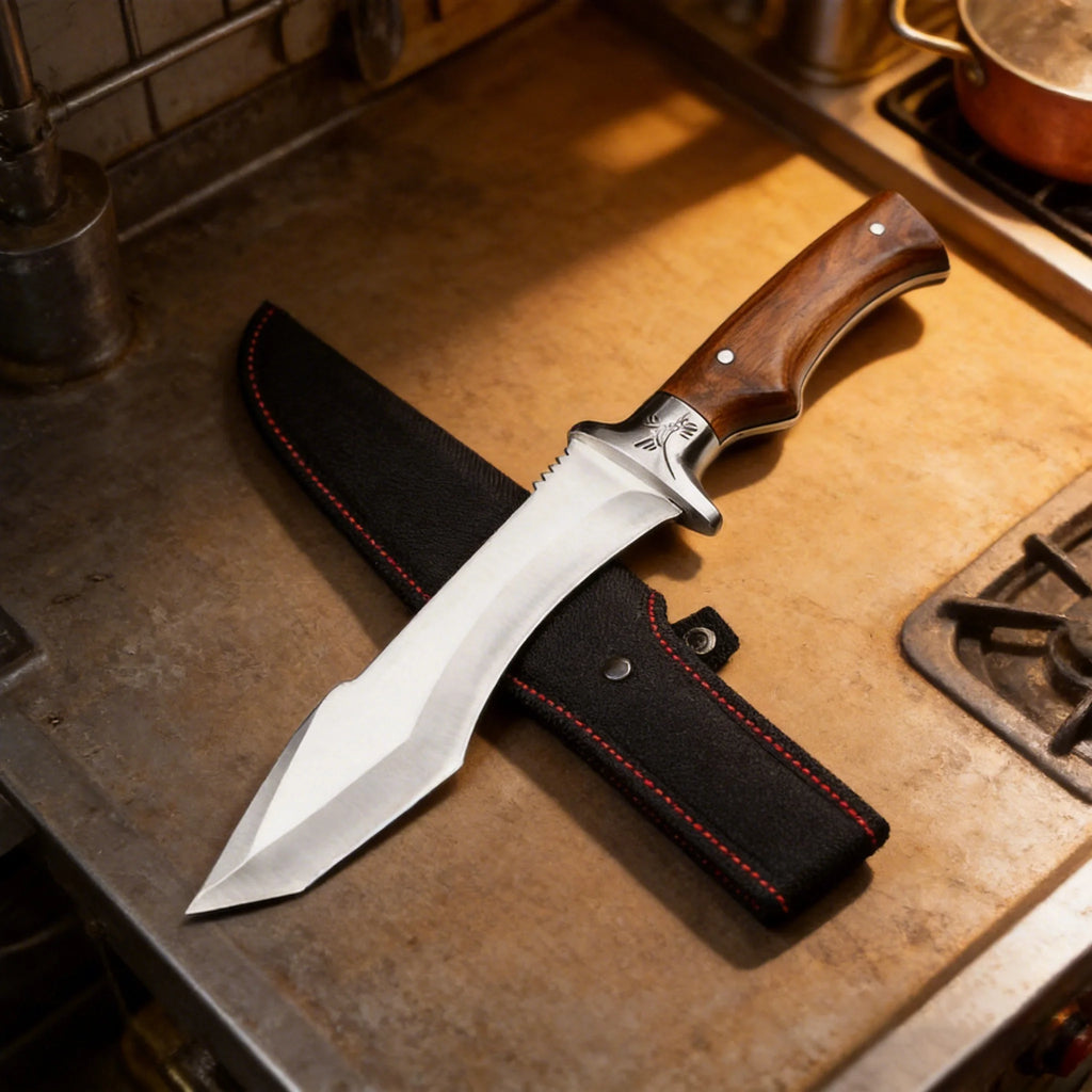 Stainless steel kitchen knife with wooden handle and sheath. Suitable for bone removal and meat/vegetable cutting in the kitchen