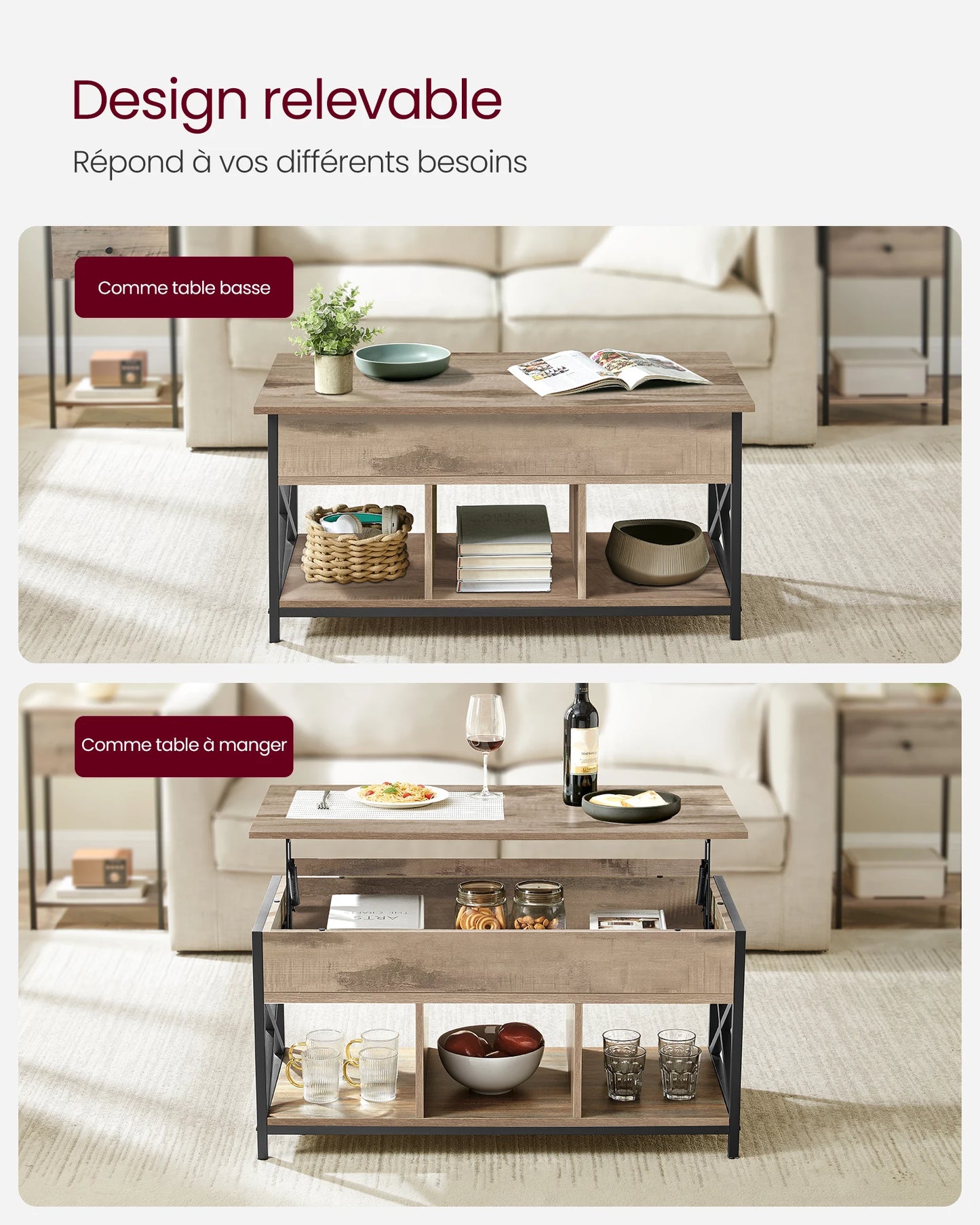 Coffee Table, Lift-Up Coffee Table, Steel Frame, 50 x 100 x (46.5-62) cm, Camel Brown and Black