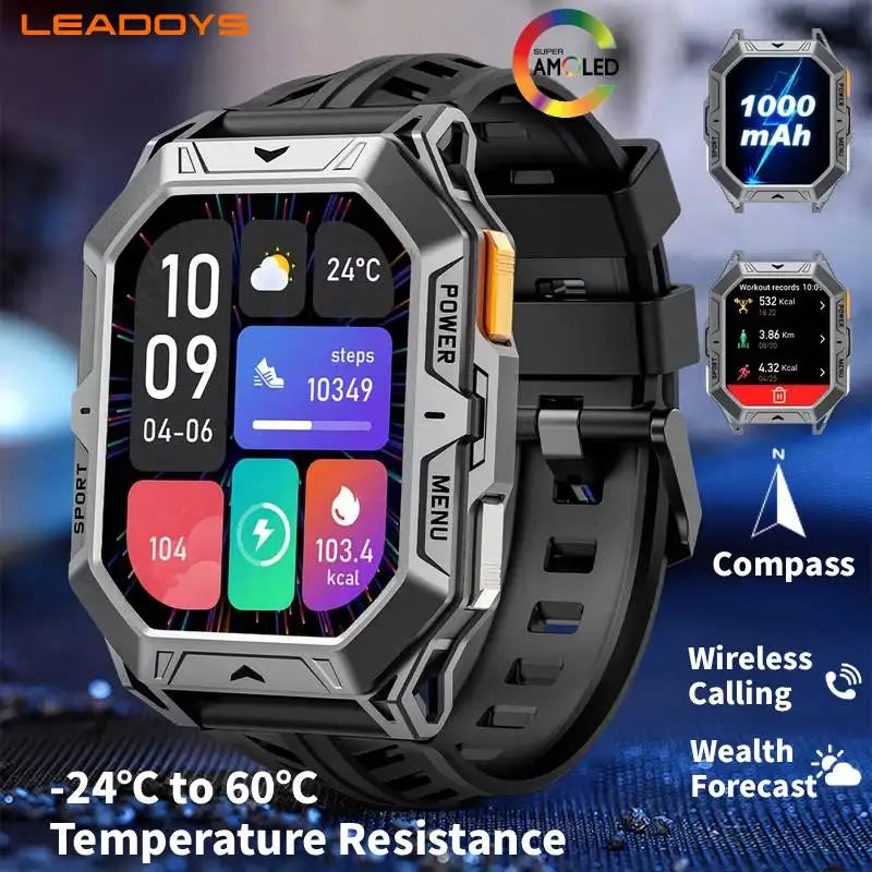 Men's Rugged Smart Watch 2.13" AMOLED HD Touch Screen Heart Rate Monitor 10M Waterproof 1000mAh Compass Outdoor Sports Watch