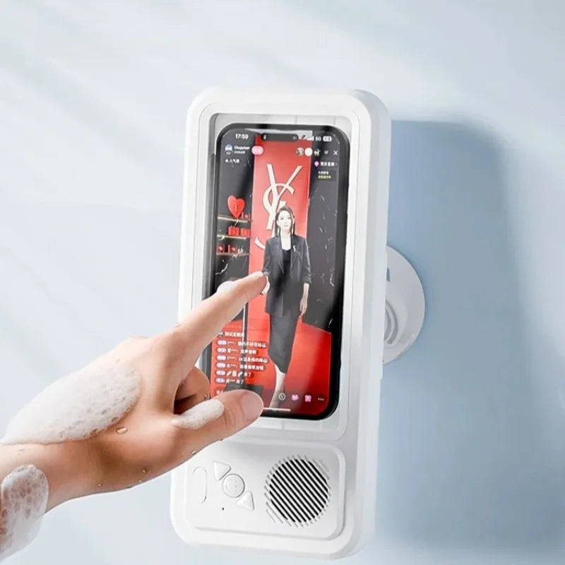 Creative Bathroom Waterproof Phone Case with Bluetooth Speaker Wall Mount Touch-screen Phone Holder Stand Anti-Fog for Showering