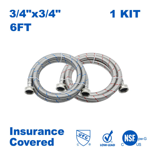 KING SMART 6 FT Washing Machine Hose; Premium Stainless Steel Braided Burst Proof for Hot and Cold Water Supply Lines; 81021