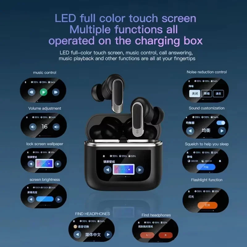 V8 screen display wireless Bluetooth earphones ANC active noise cancelling earbuds in ear earphones with built-in microphone