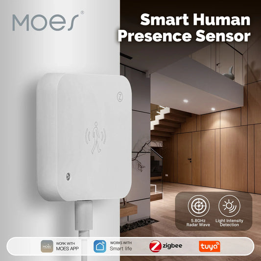 MOES Tuya ZigBee and WiFi Smart Human Presence Sensor Motion Detection Light Luminance Sensor Wired Design App Notification