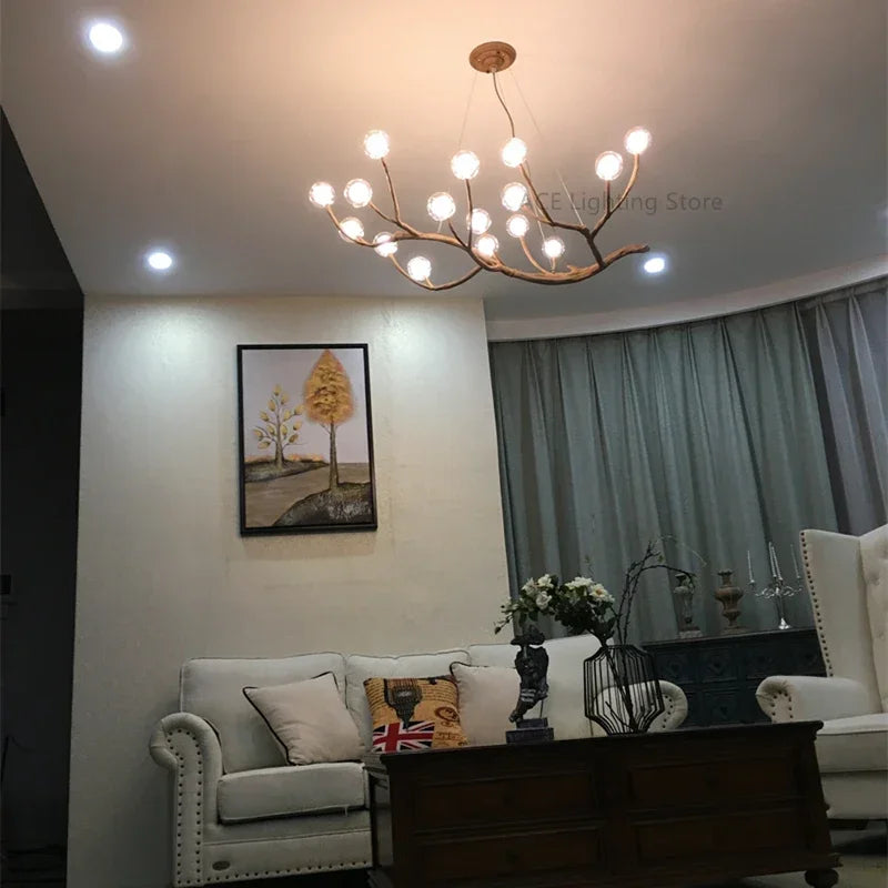 Resin Tree Branch Glass Bubble LED Pendant Chandelier for Retro Home Decor