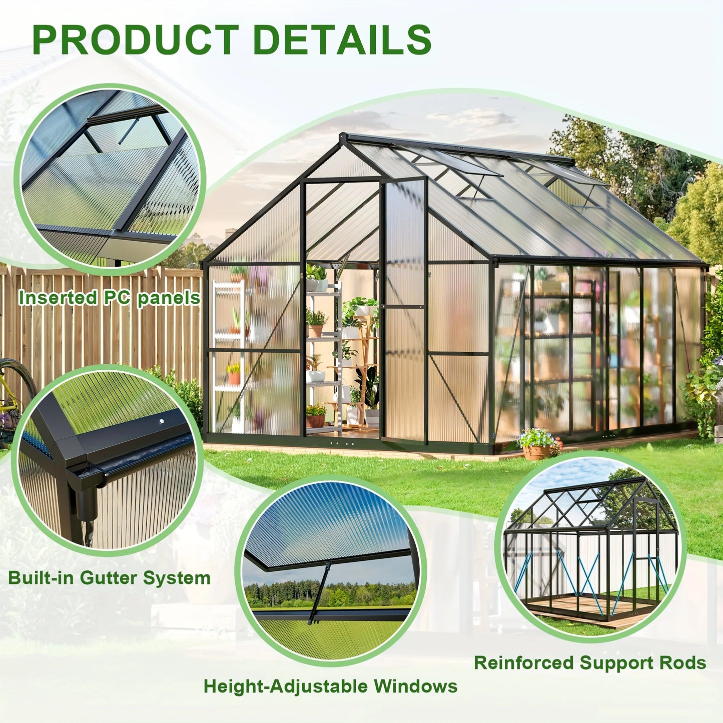 VIWAT 4x6~10x18FT Multi-Size Polycarbonate Greenhouse PC Panels Aluminum Frame Vent Roof UV Protection for Backyard Garden Patio