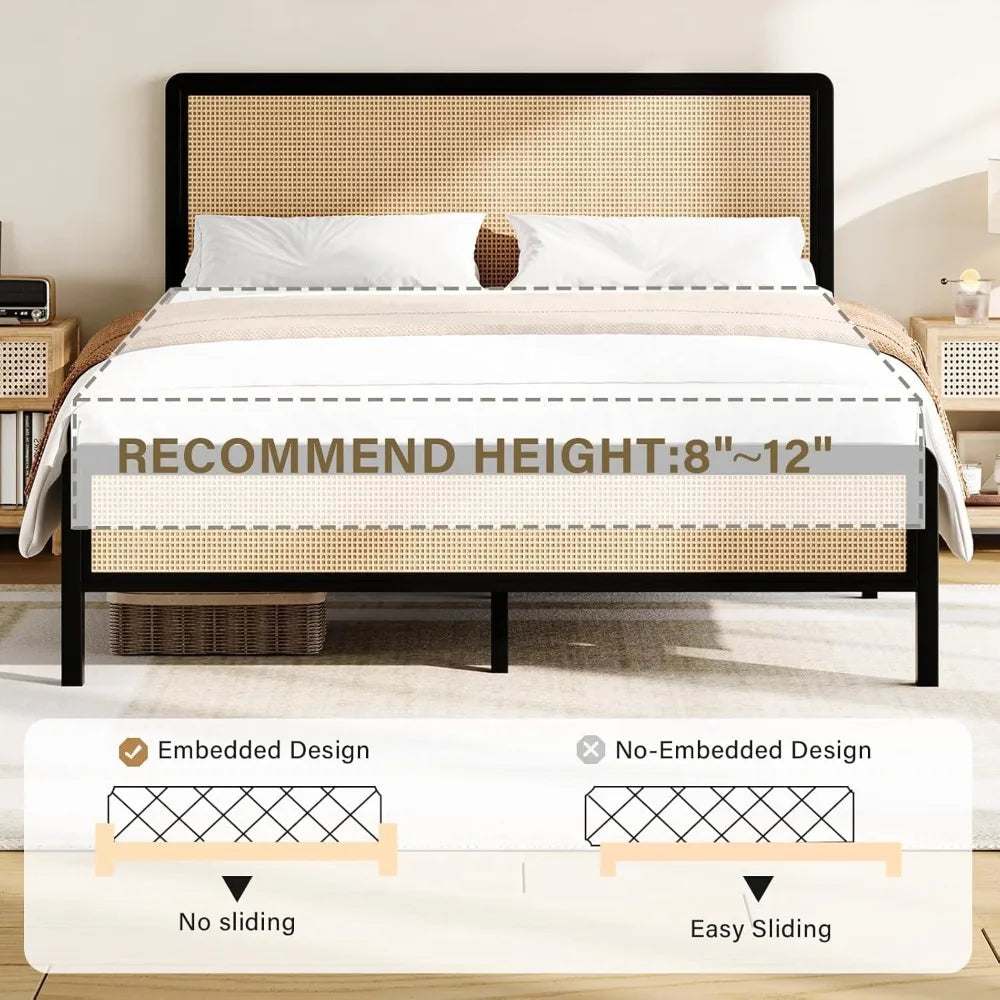 Rattan Queen Bed Frame with Headboard, Metal Platform Bed Frame Queen Size, Strong Steel Slats Support, No Box Spring Needed