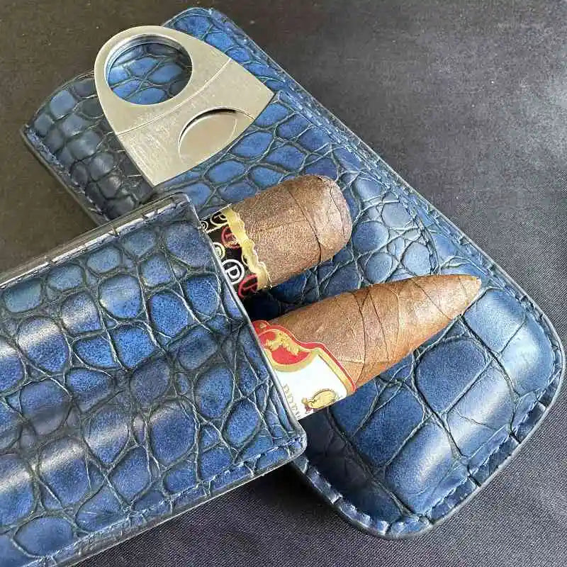 Cigar Tube 2 Slots Case with Cigar Cutter Travel  portable Cigar Accessories Leather Humidor 917