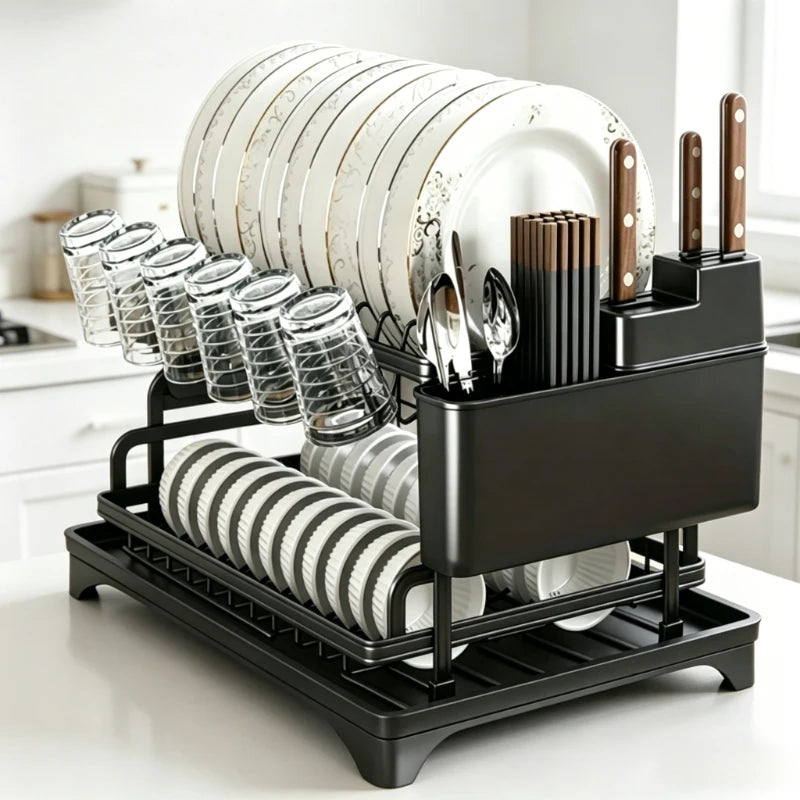 Kitchen Countertop Dish Drain Rack Storage Organizer Multifunctional Dish Rack with Cup Holder Chopsticks Tube