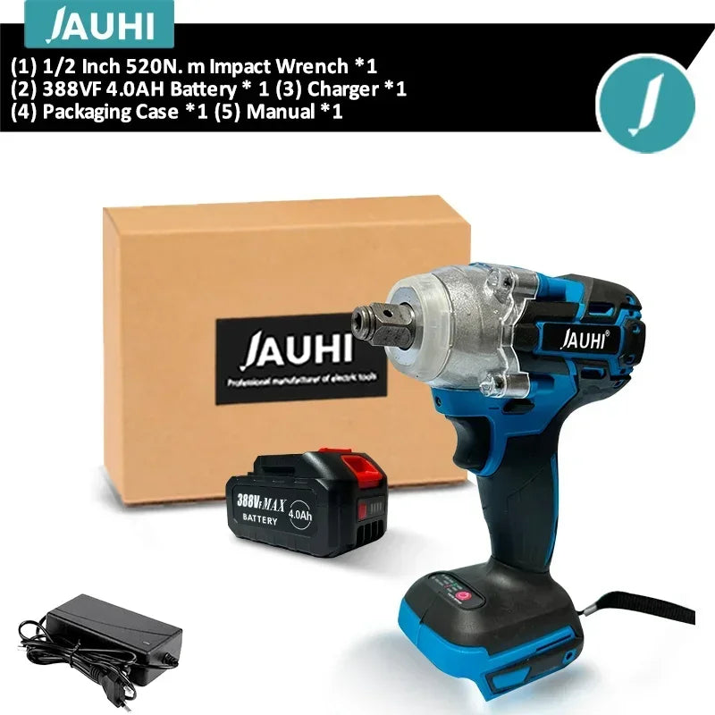 JAUHI 520N.M Brushless Electric Impact Wrench Cordless Electric Wrench 1/2 Inch Screwdriver Power Tools For Makita 18V Battery