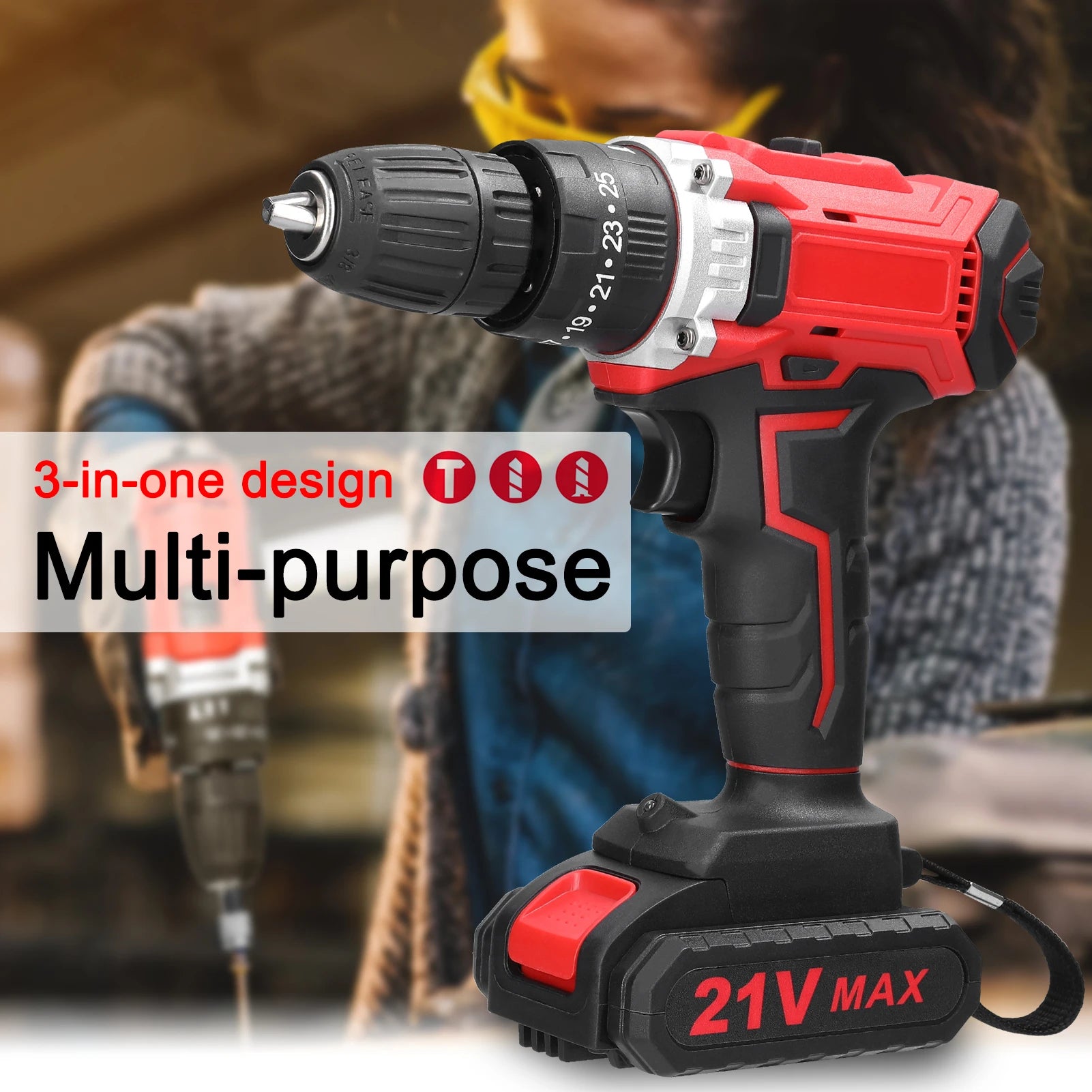 3-in-1 Multipurpose Electric Drill Cordless Impact Drill Speed Adjustable Electric Screwdriver Applicable to 21V Lithium Battery
